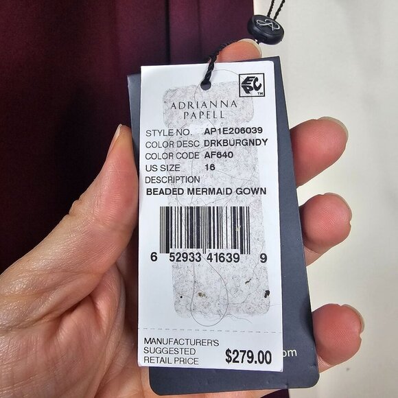 Adrianna Papell Beaded Mermaid Dress Gown Sz 16 Burgundy Mesh Sleeves Formal - Picture 11 of 16